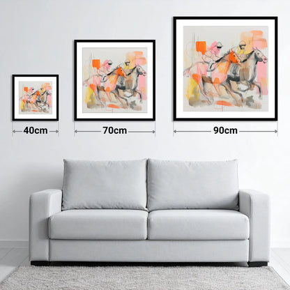 Vibrant Final Furlong - size guide showing 40cm, 70cm and 90cm art prints