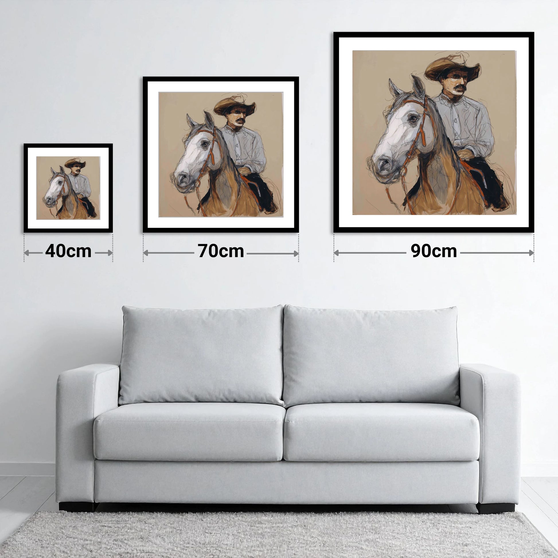 Soul of the West - size guide showing 40cm, 70cm and 90cm art prints
