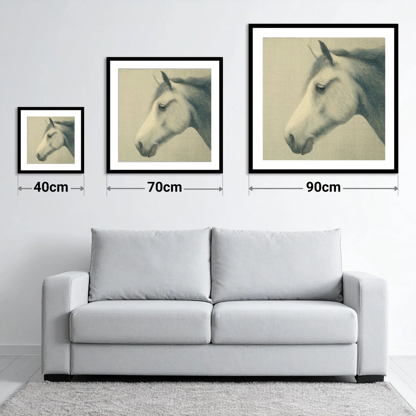 Classic Slate Equine Profile - size guide showing 40cm, 70cm and 90cm art prints