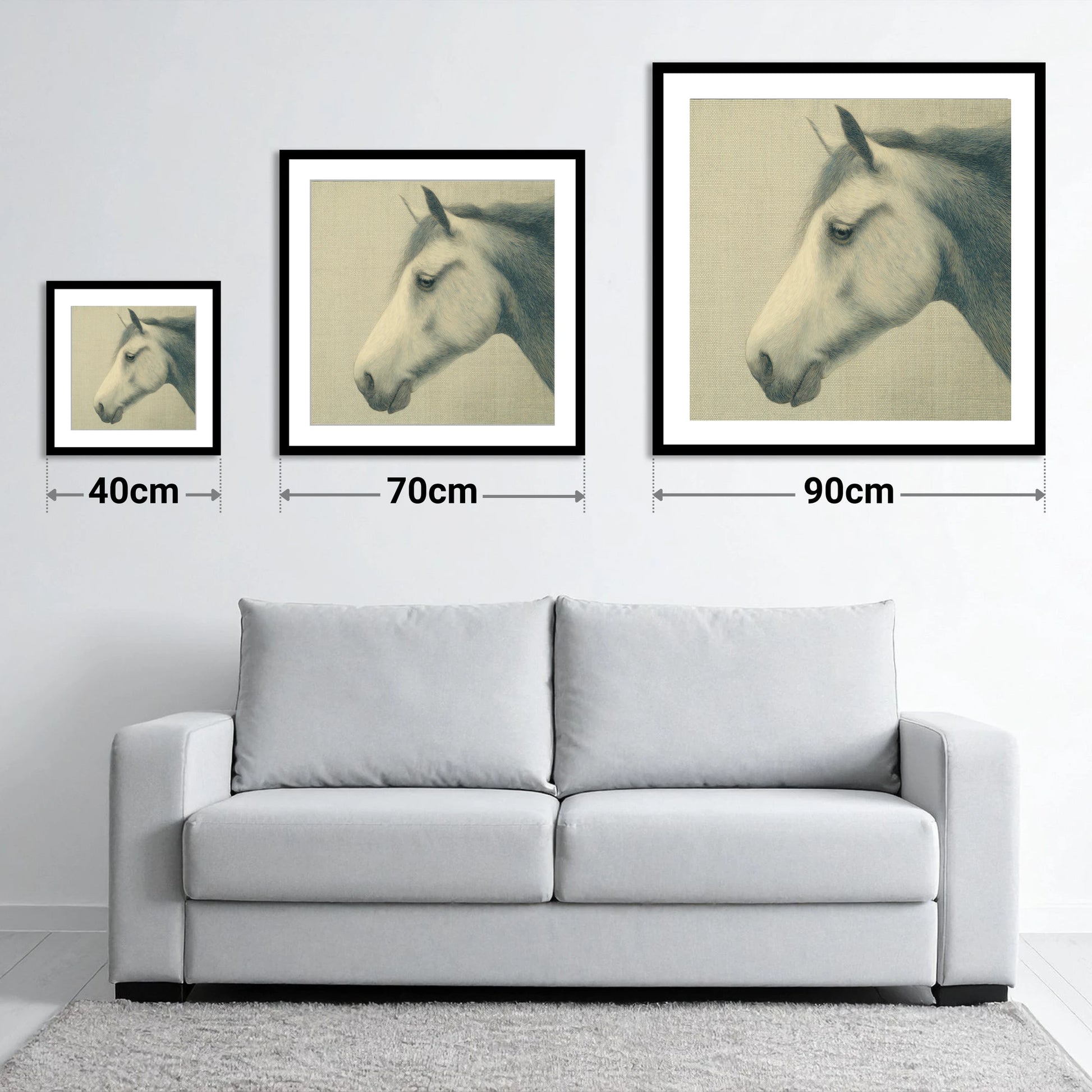Classic Slate Equine Profile - size guide showing 40cm, 70cm and 90cm art prints