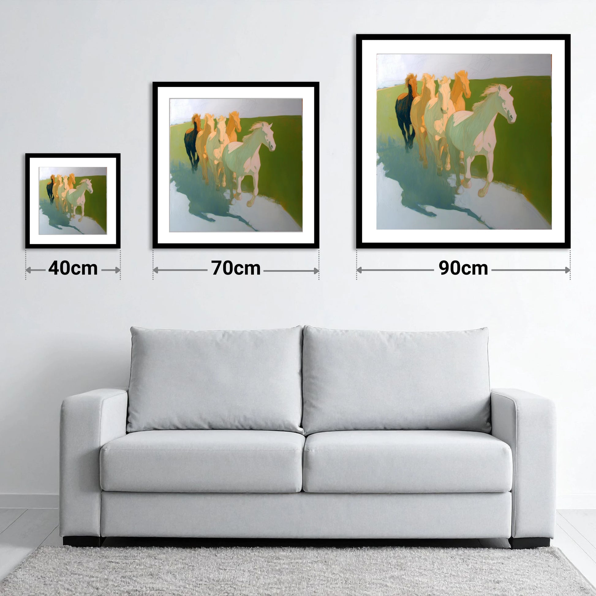 Ethereal Pastel Herd - size guide showing 40cm, 70cm and 90cm art prints