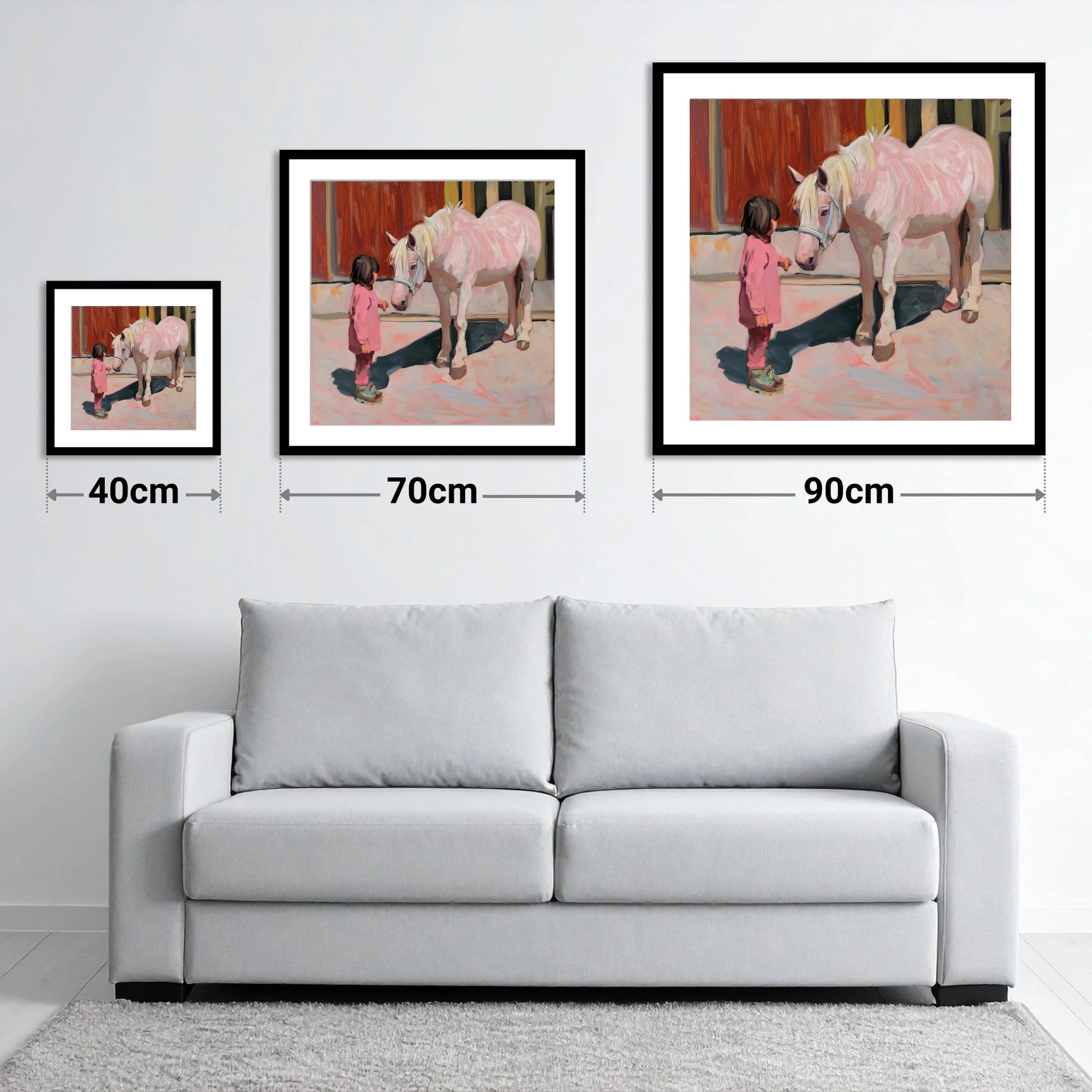A Quiet Connection - size guide showing 40cm, 70cm and 90cm art prints