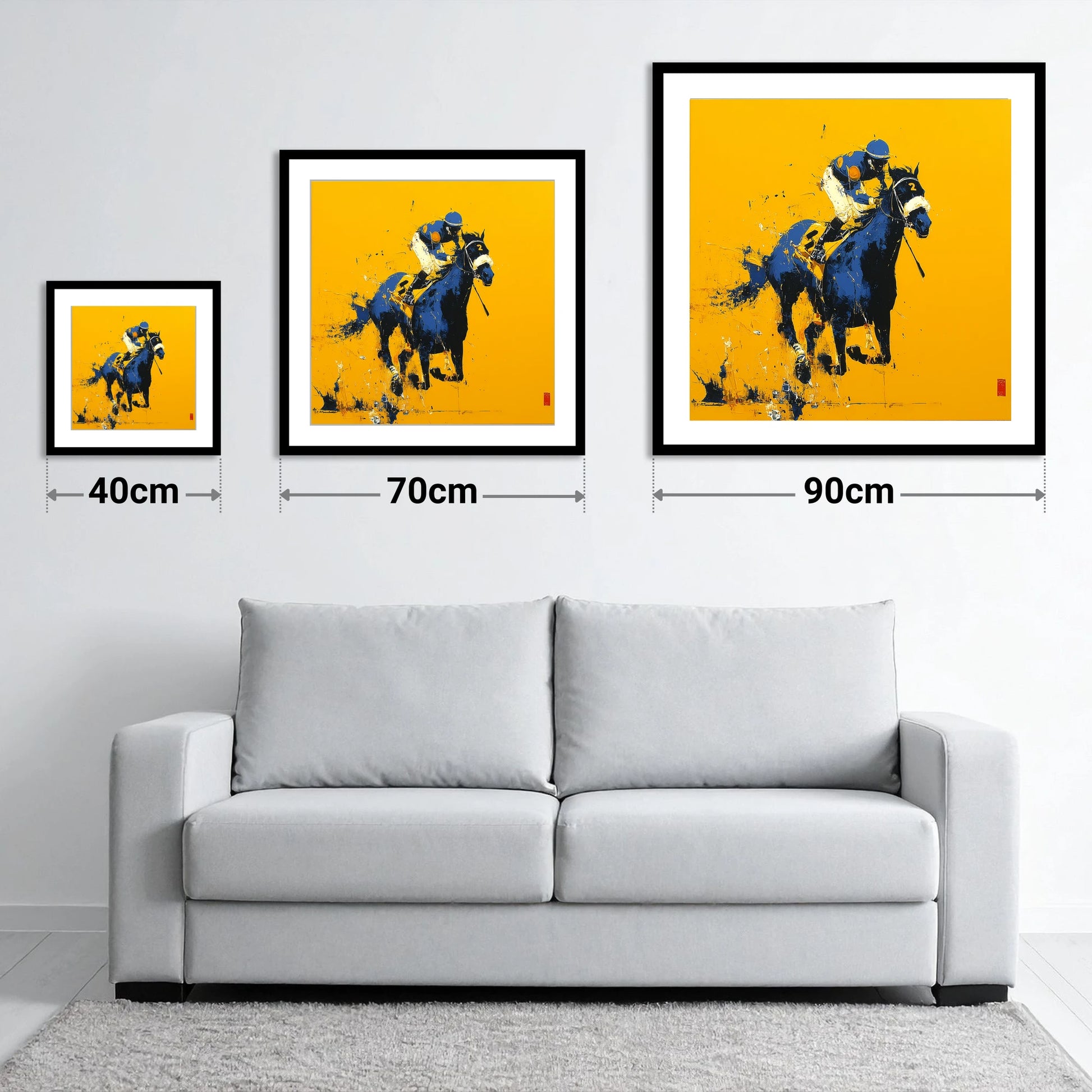 Cobalt Gallop - size guide showing 40cm, 70cm and 90cm art prints