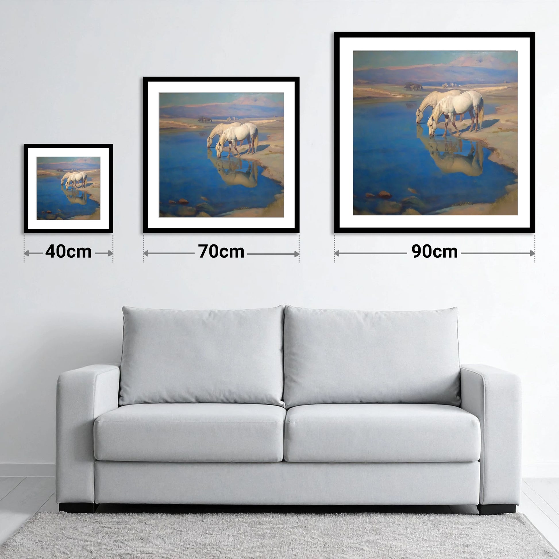 Reflections in Azure - size guide showing 40cm, 70cm and 90cm art prints