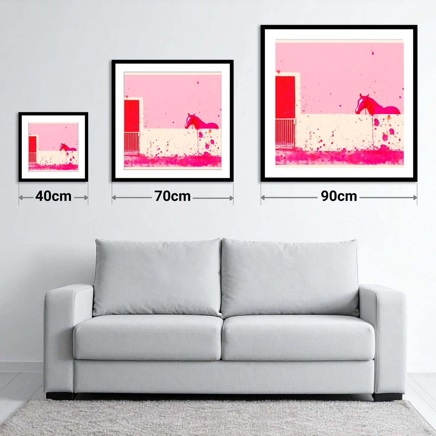 Crimson Doorway - size guide showing 40cm, 70cm and 90cm art prints