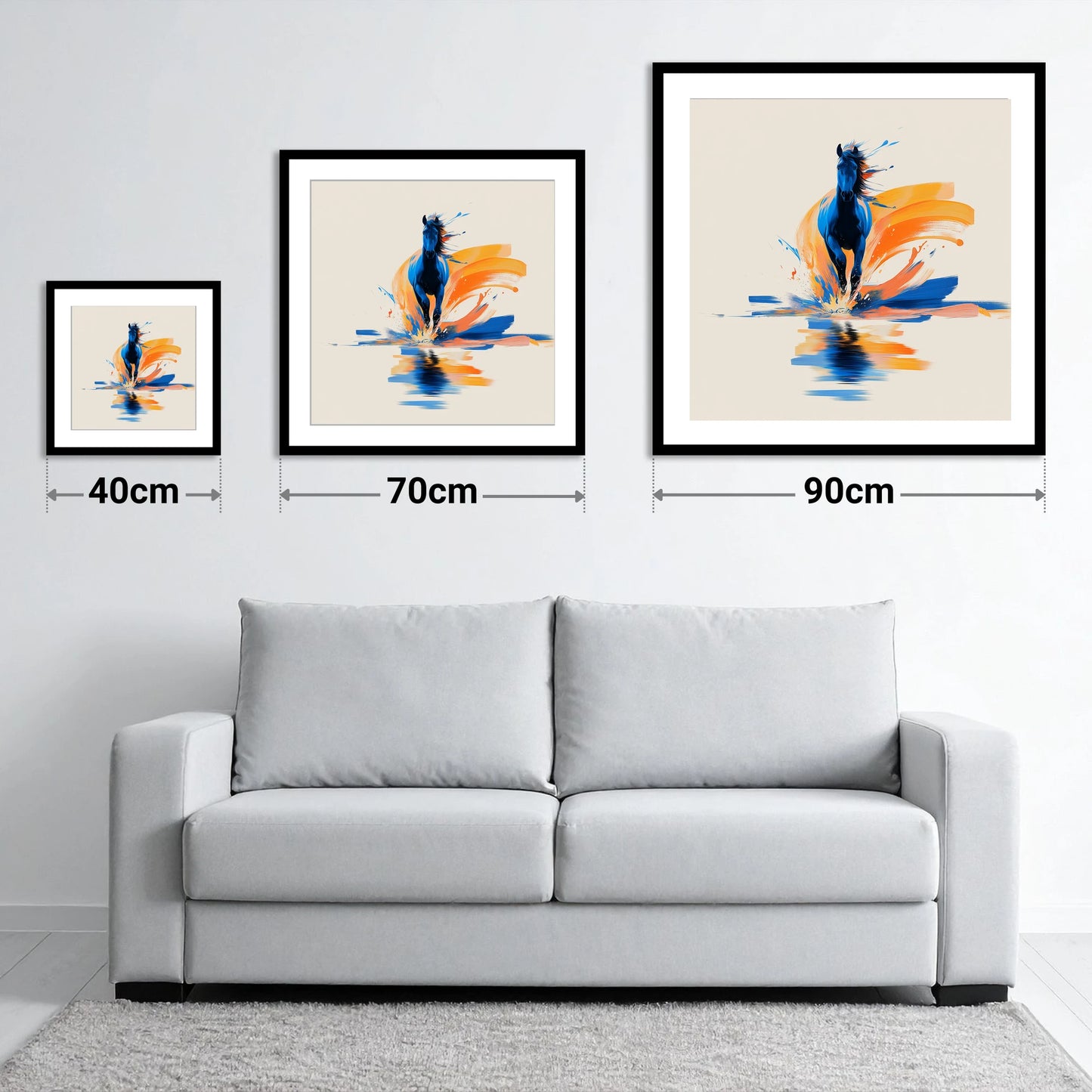 Sapphire Surge - size guide showing 40cm, 70cm and 90cm art prints