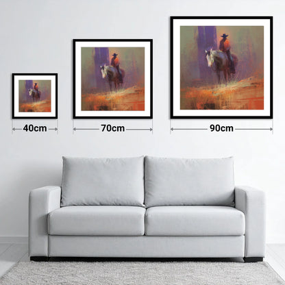 The Solitary Rider - size guide showing 40cm, 70cm and 90cm art prints