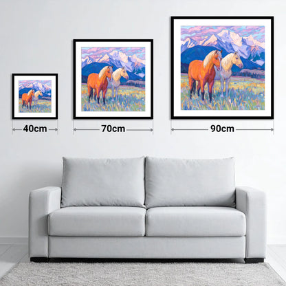 Painted Mountain Pasture - size guide showing 40cm, 70cm and 90cm art prints