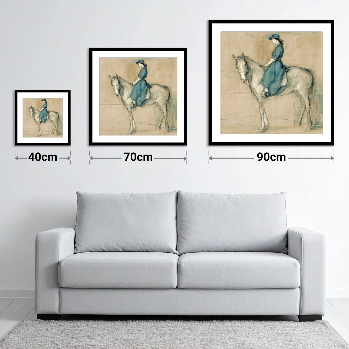 The Lady in Teal - size guide showing 40cm, 70cm and 90cm art prints