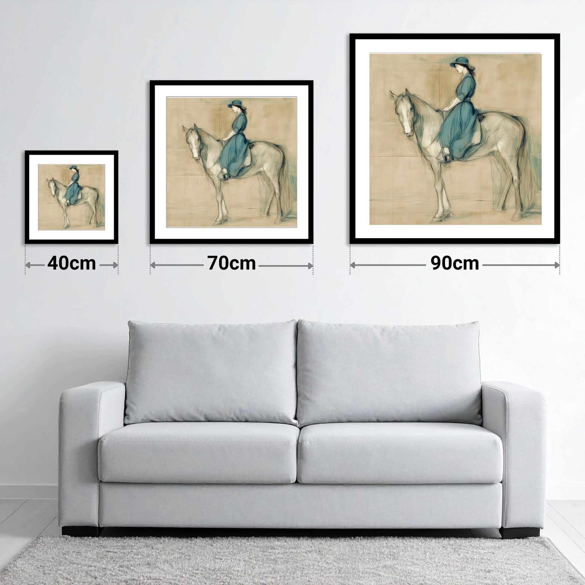 The Lady in Teal - size guide showing 40cm, 70cm and 90cm art prints