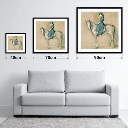 The Lady in Teal - size guide showing 40cm, 70cm and 90cm art prints