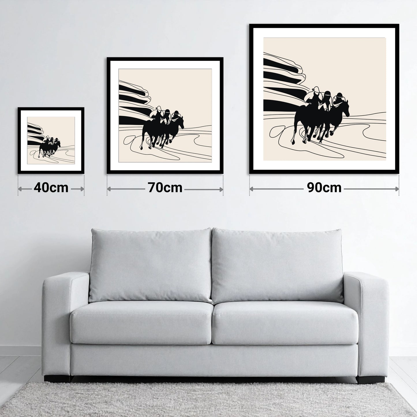 Rounding the Bend - size guide showing 40cm, 70cm and 90cm art prints
