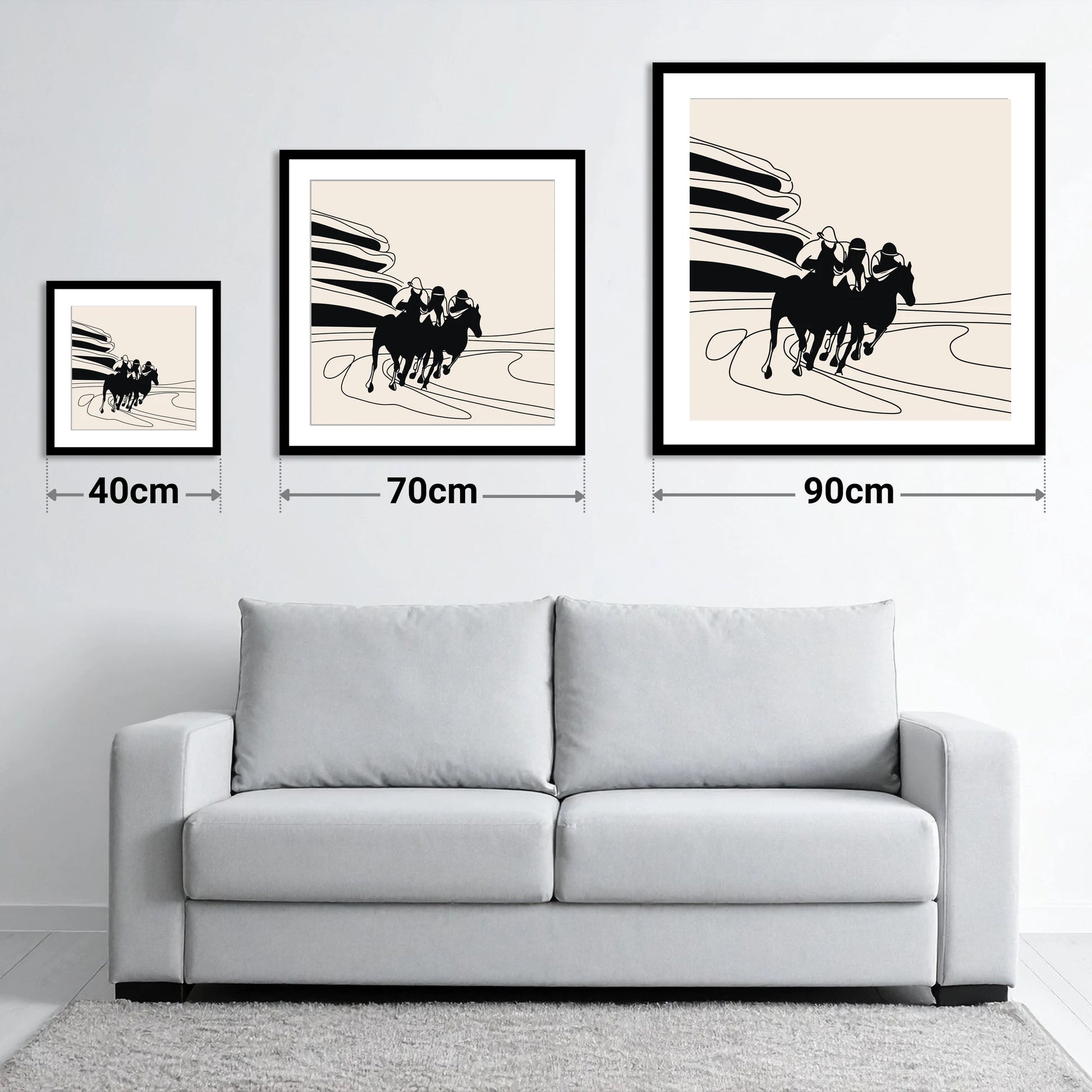 Rounding the Bend - size guide showing 40cm, 70cm and 90cm art prints