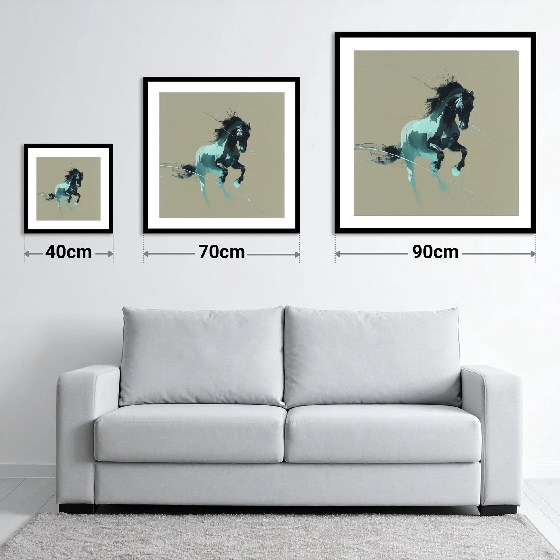 Dynamic Teal Stallion - size guide showing 40cm, 70cm and 90cm art prints