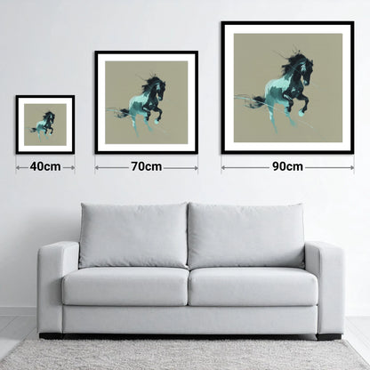 Dynamic Teal Stallion - size guide showing 40cm, 70cm and 90cm art prints