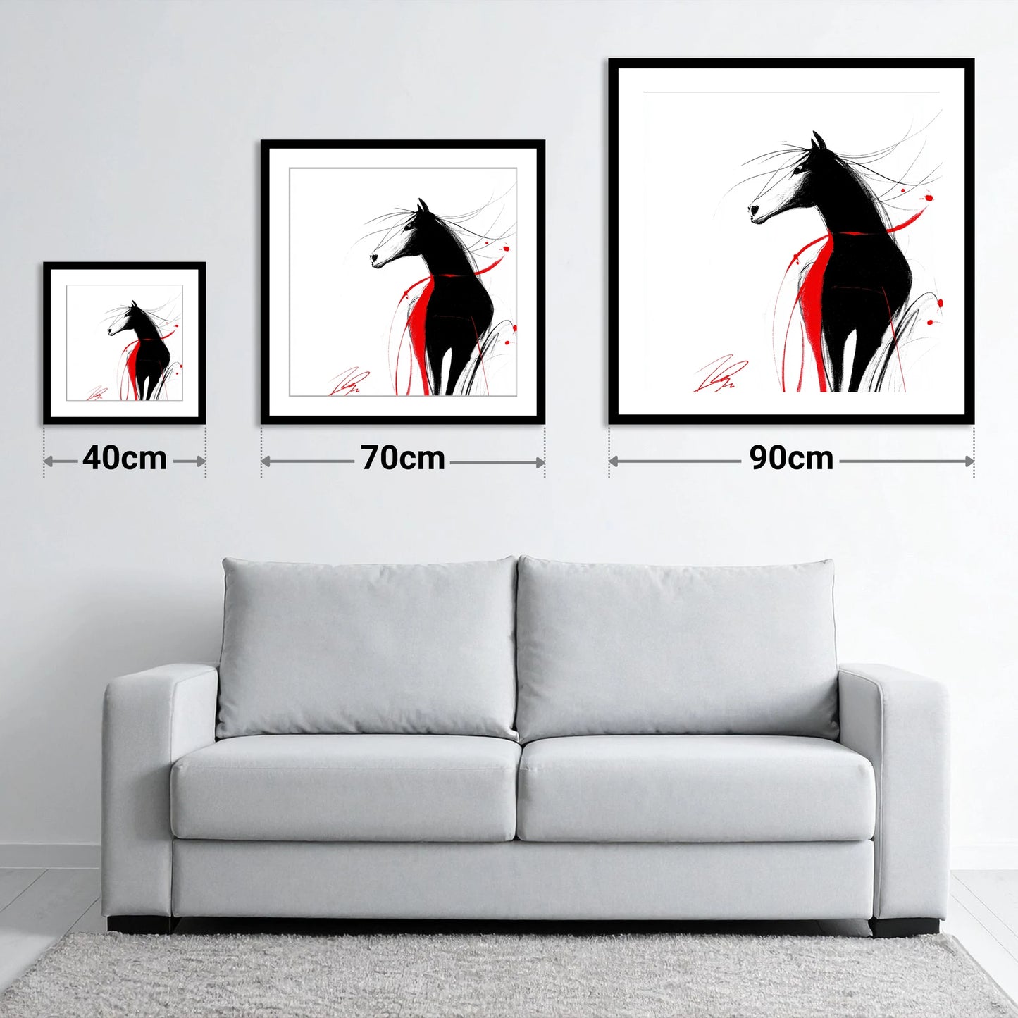 Spirited Silhouette in Red - size guide showing 40cm, 70cm and 90cm art prints