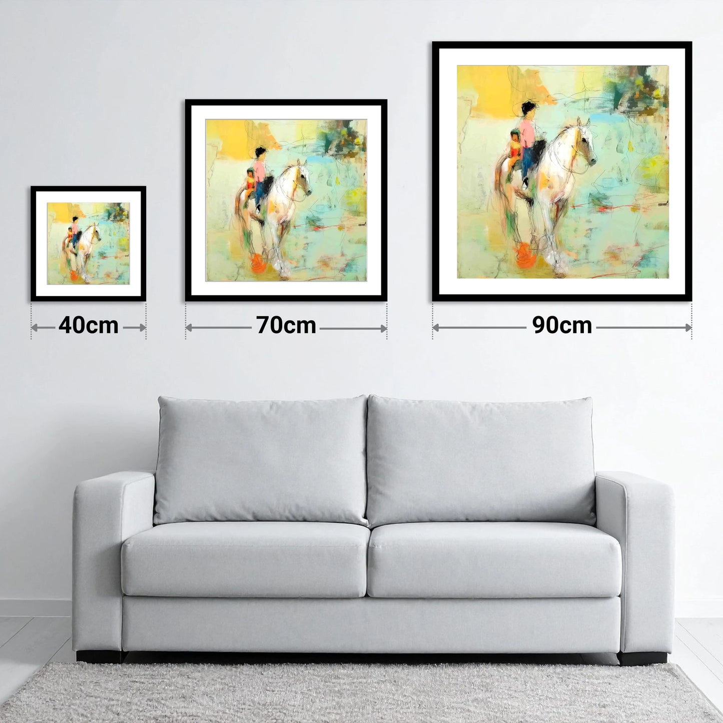 The Shared Ride - size guide showing 40cm, 70cm and 90cm art prints