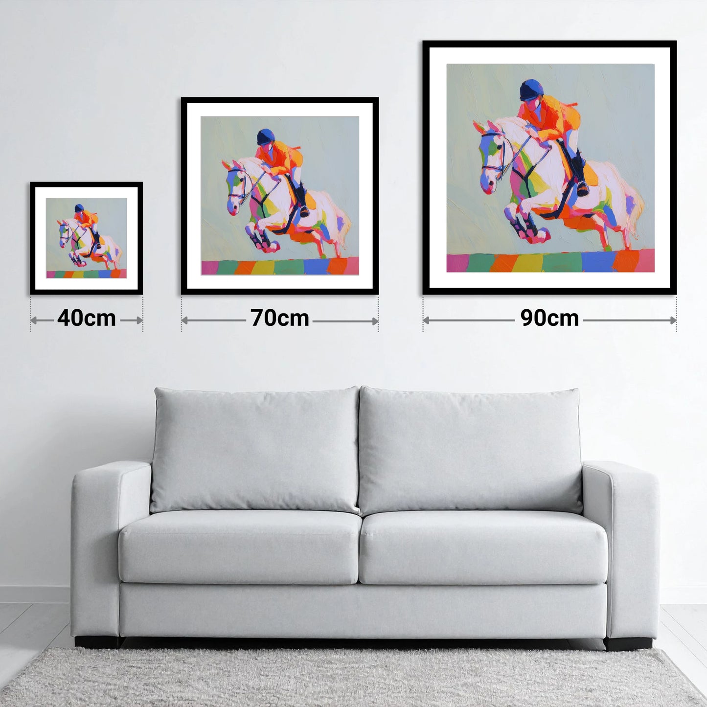 Technicolour Flight - size guide showing 40cm, 70cm and 90cm art prints