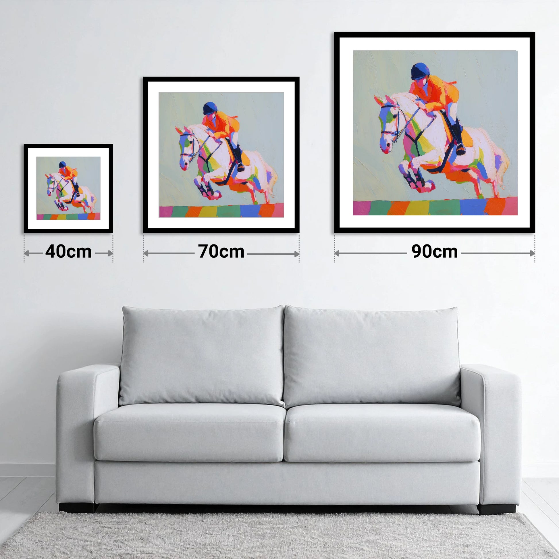 Technicolour Flight - size guide showing 40cm, 70cm and 90cm art prints