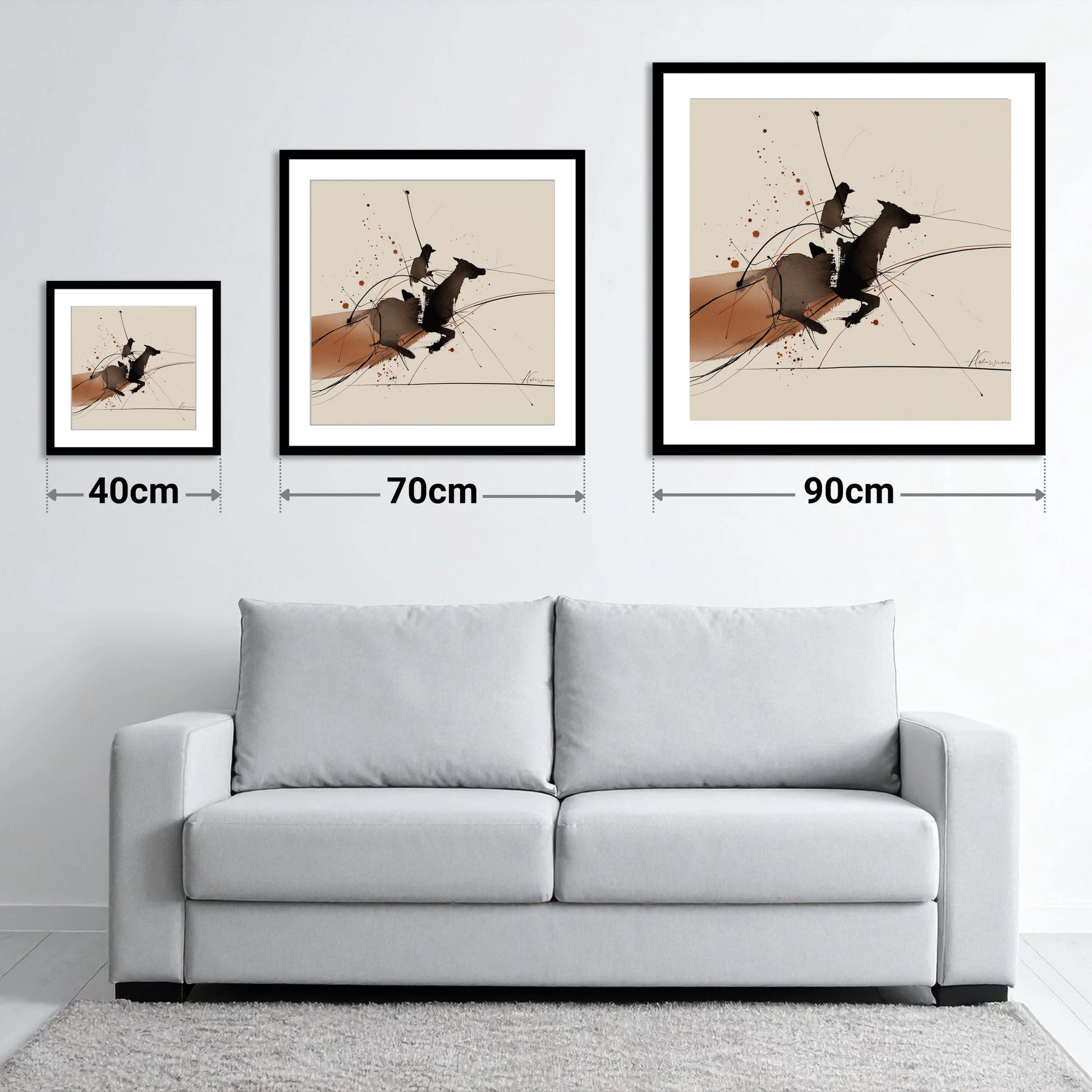 Forward Momentum - size guide showing 40cm, 70cm and 90cm art prints
