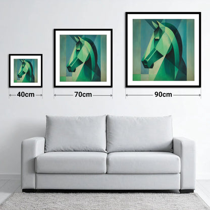 Emerald Geometric Equine - size guide showing 40cm, 70cm and 90cm art prints