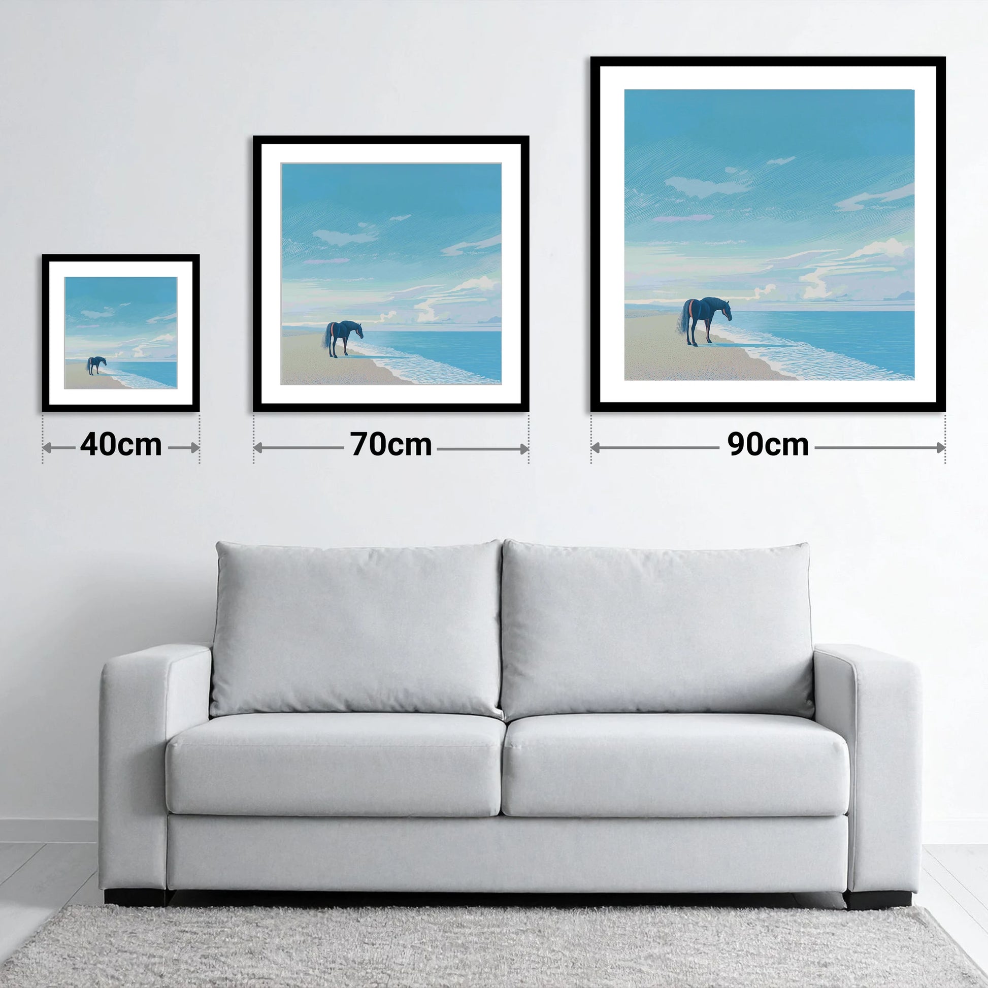 Solitude by the Sea - size guide showing 40cm, 70cm and 90cm art prints