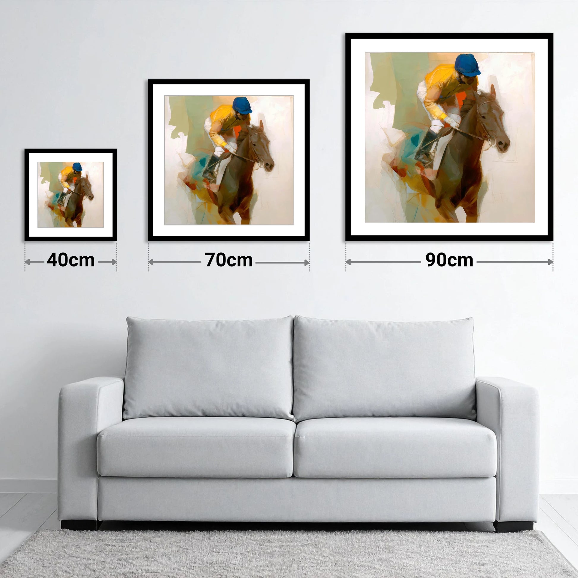 Yellow Silk Strike - size guide showing 40cm, 70cm and 90cm art prints
