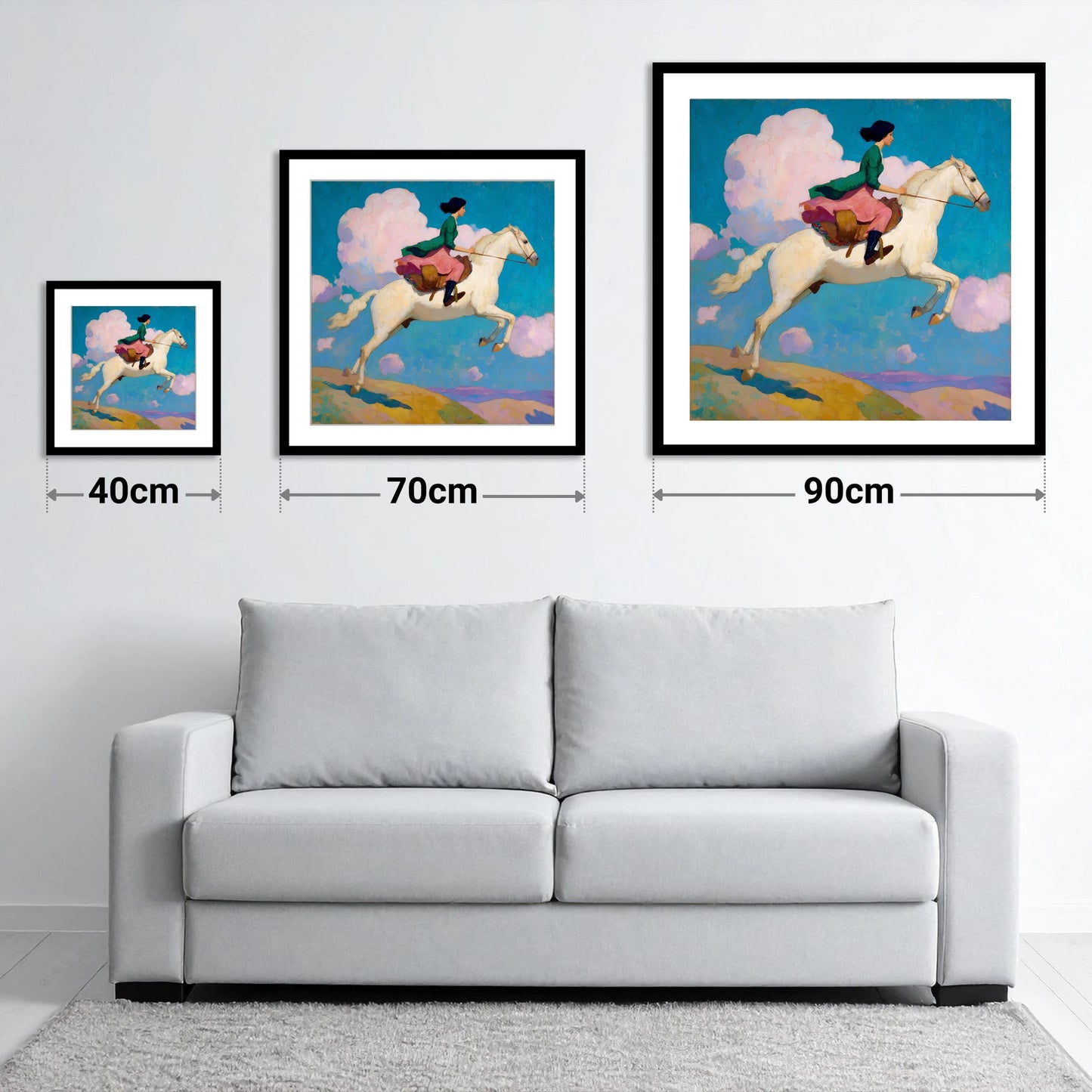 Skyward Bound - size guide showing 40cm, 70cm and 90cm art prints