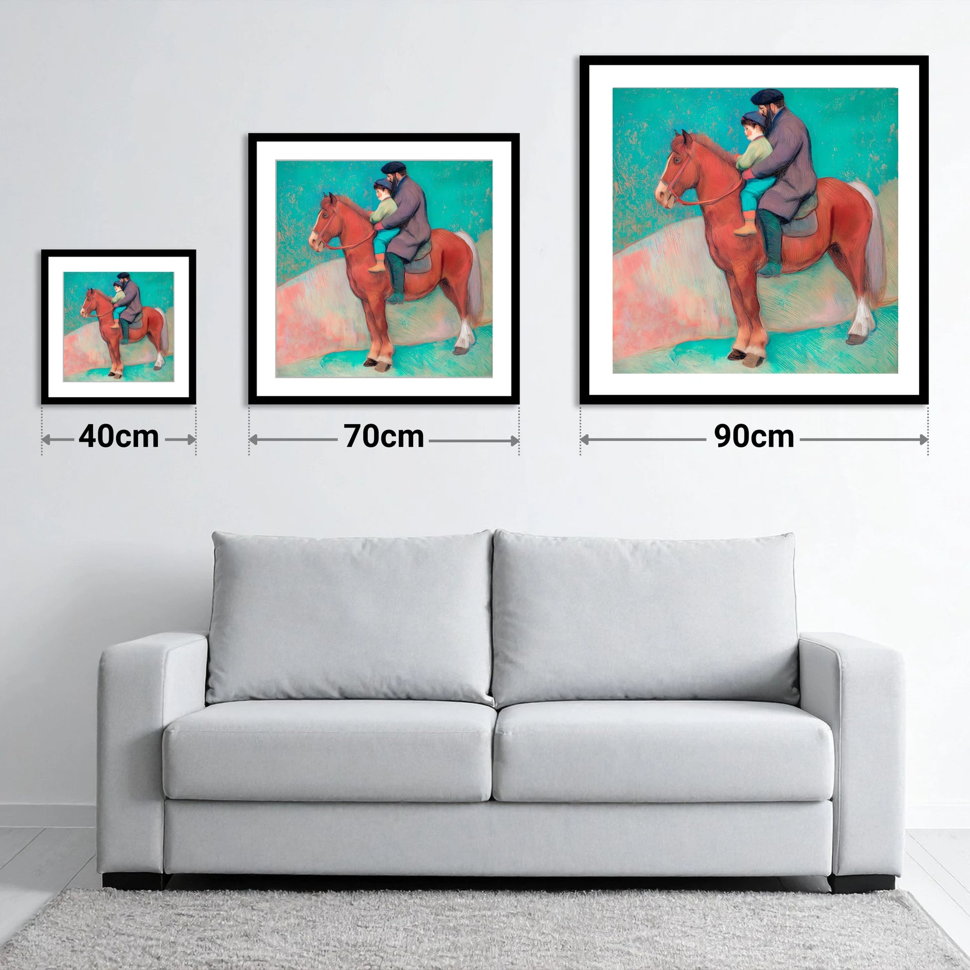 A Shared Journey - size guide showing 40cm, 70cm and 90cm art prints