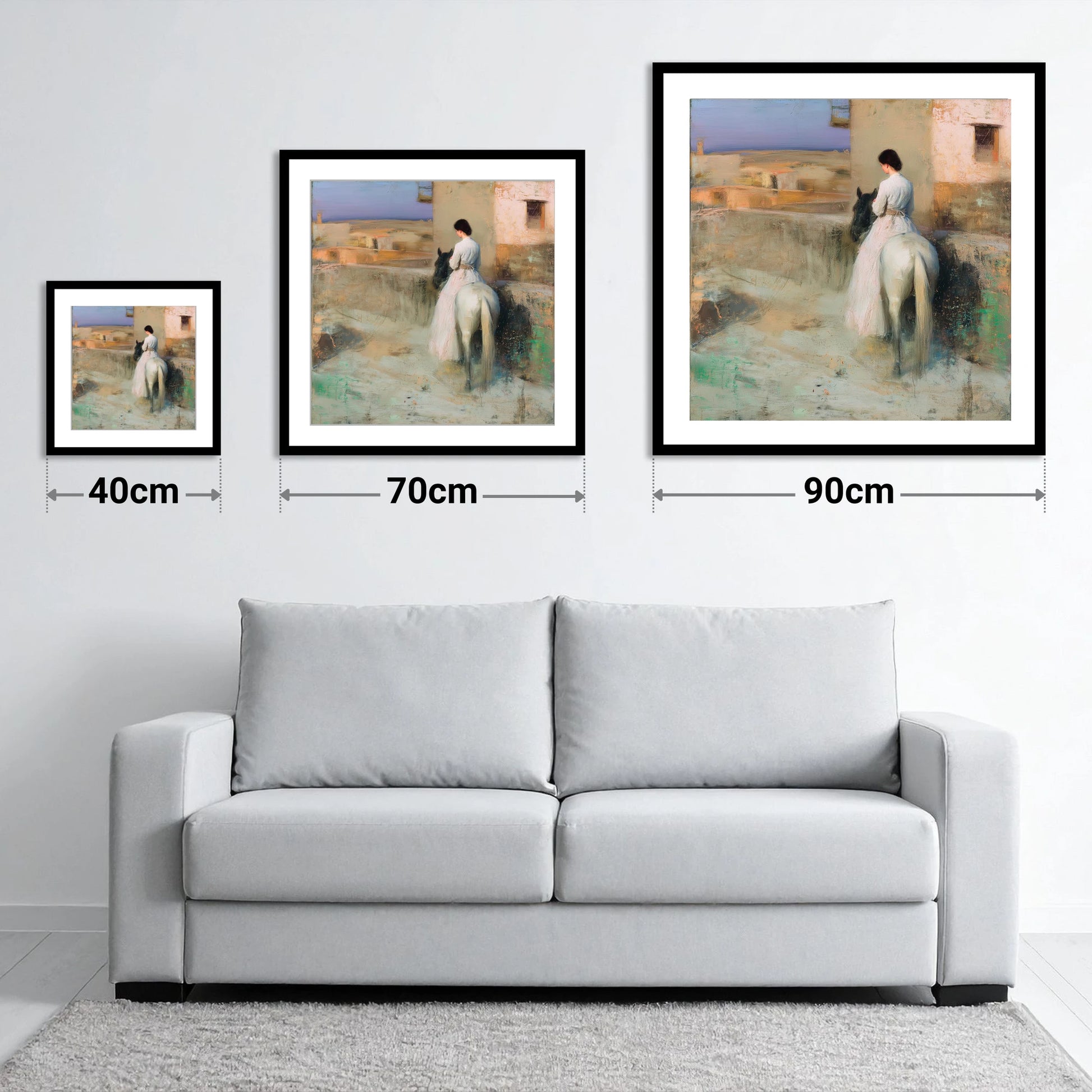 Distant Horizons - size guide showing 40cm, 70cm and 90cm art prints
