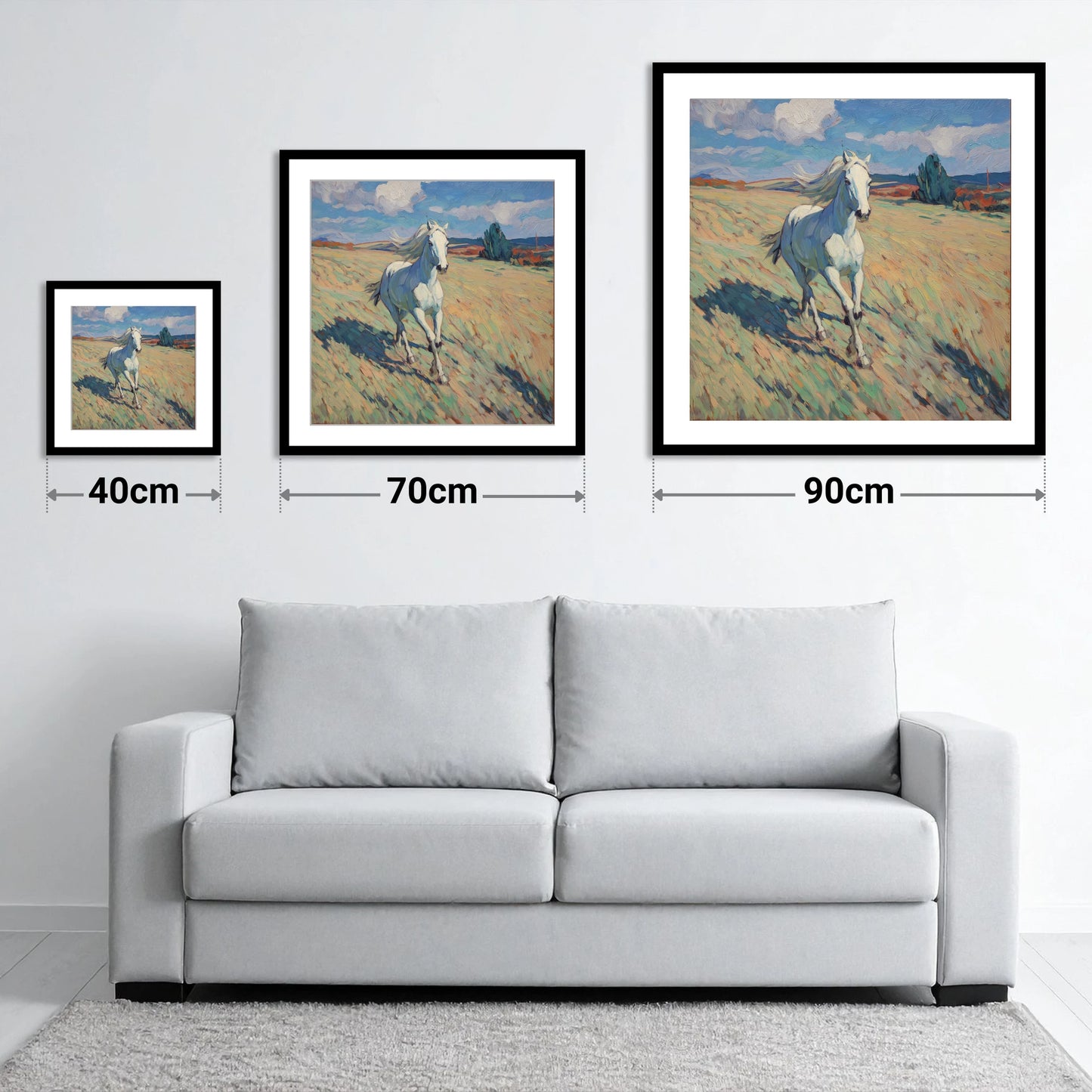 Sunlit Meadow Gallop - size guide showing 40cm, 70cm and 90cm art prints