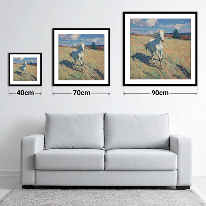 Sunlit Meadow Gallop - size guide showing 40cm, 70cm and 90cm art prints