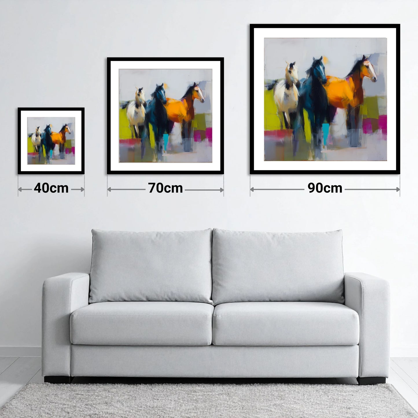 Vivid Equine Companions - size guide showing 40cm, 70cm and 90cm art prints