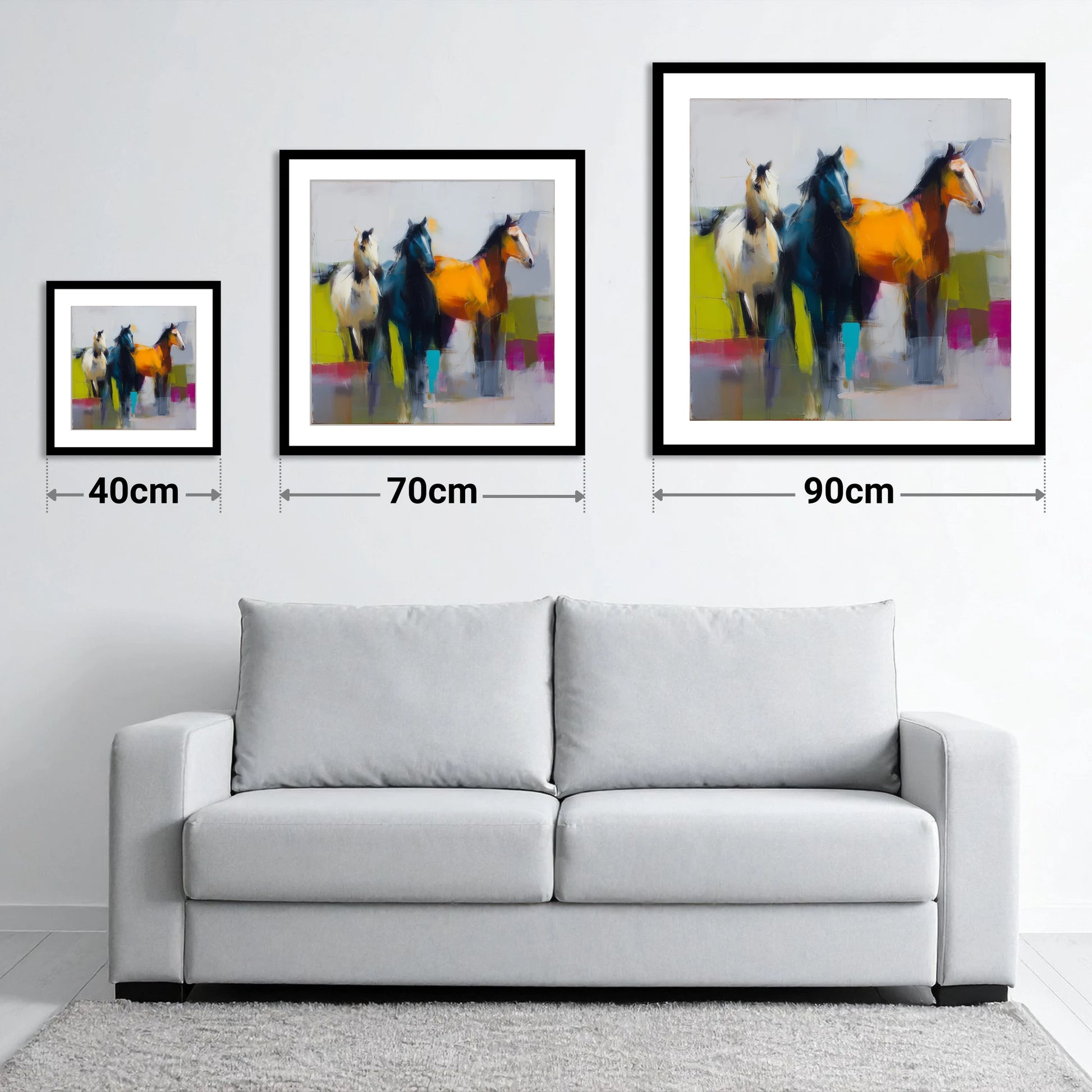 Vivid Equine Companions - size guide showing 40cm, 70cm and 90cm art prints
