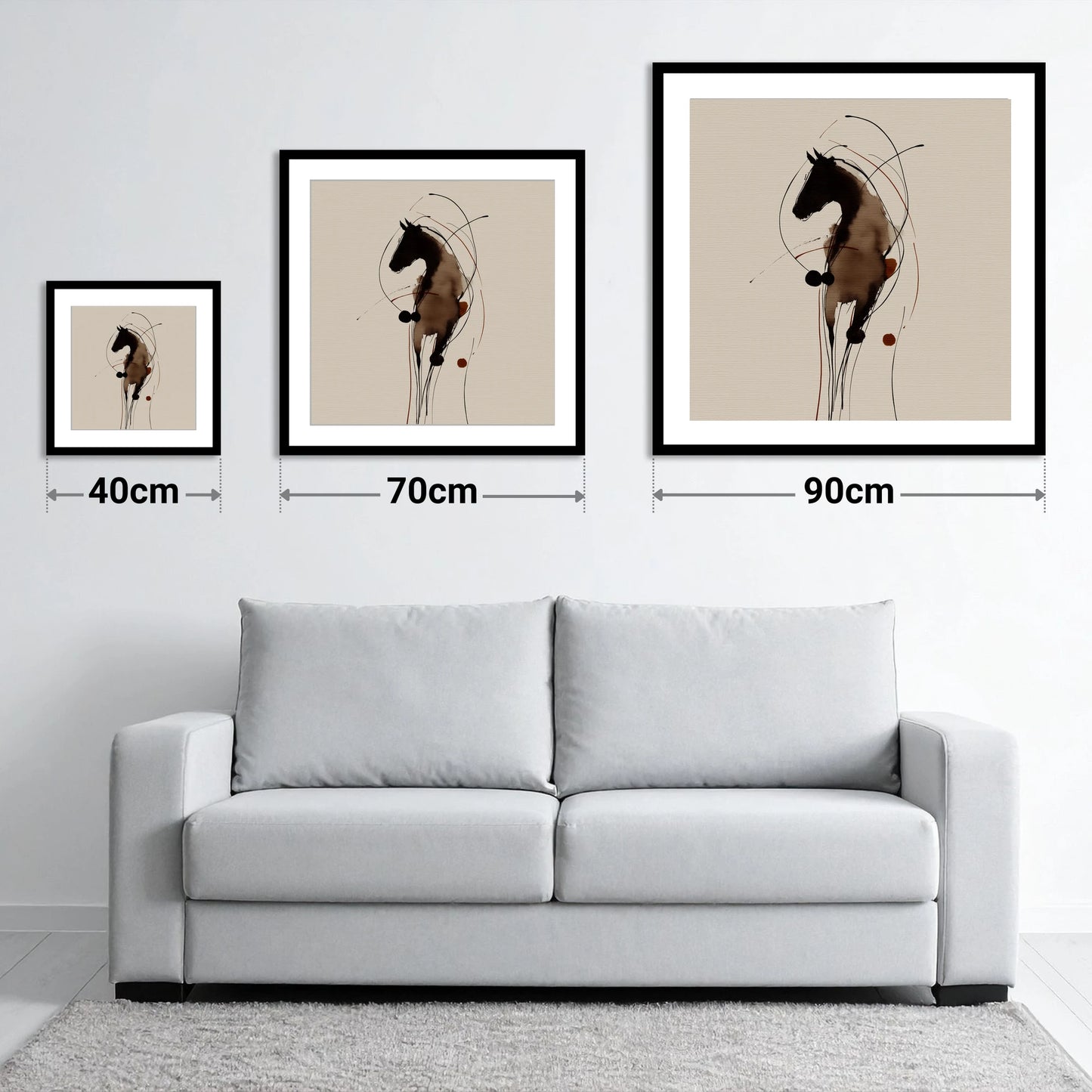 Fluid Ink Equine Portrait - size guide showing 40cm, 70cm and 90cm art prints