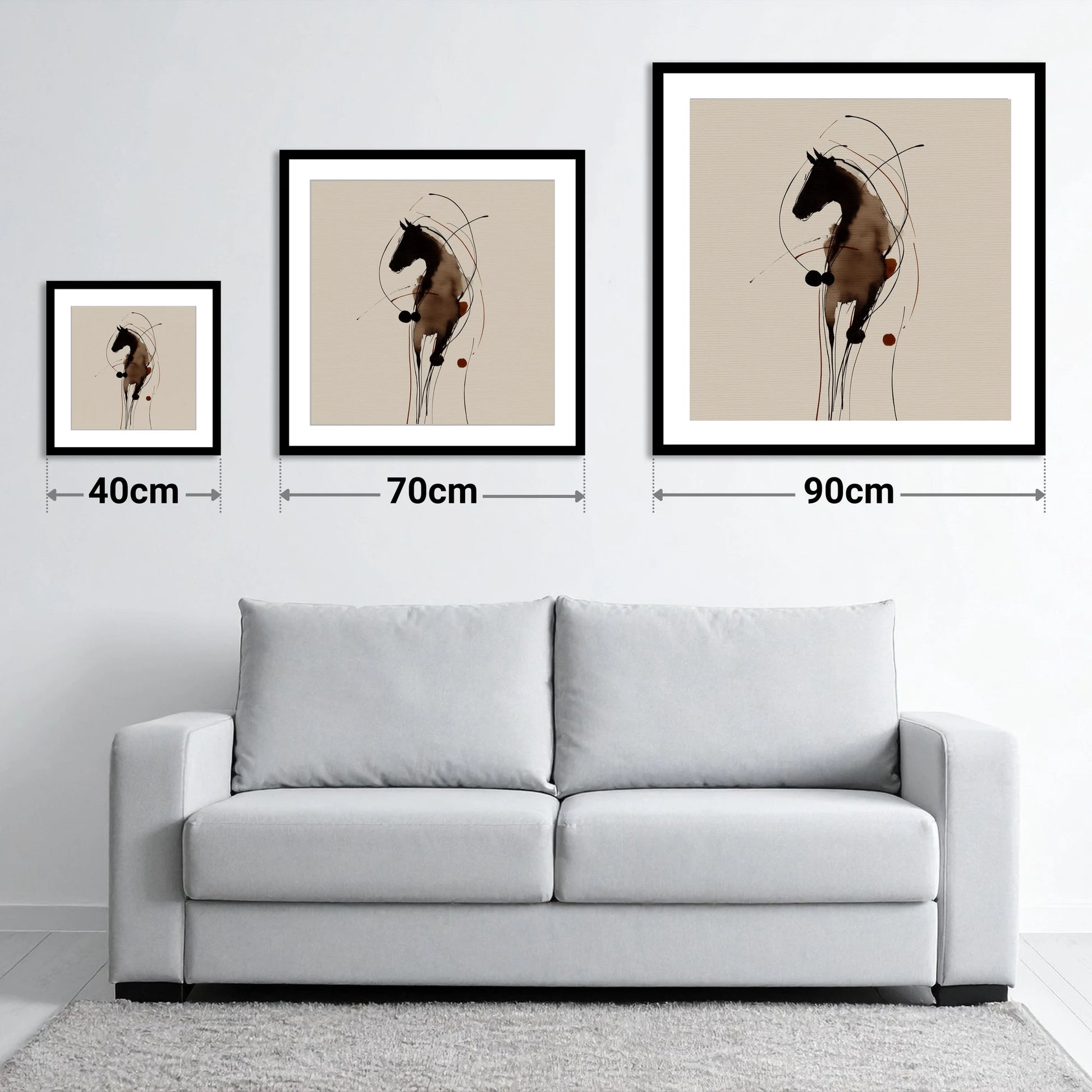 Fluid Ink Equine Portrait - size guide showing 40cm, 70cm and 90cm art prints