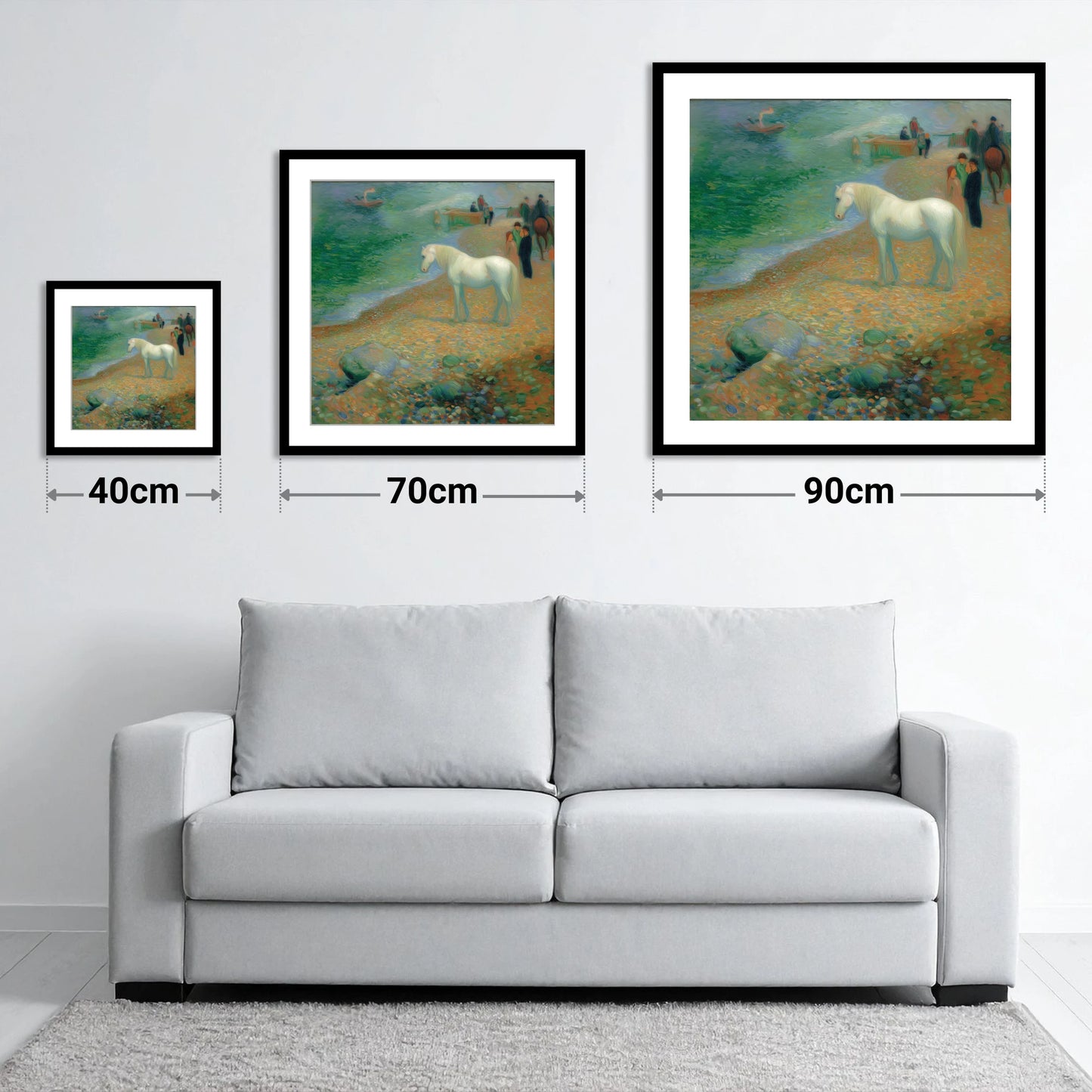 Luminous Shoreline Solitude - size guide showing 40cm, 70cm and 90cm art prints