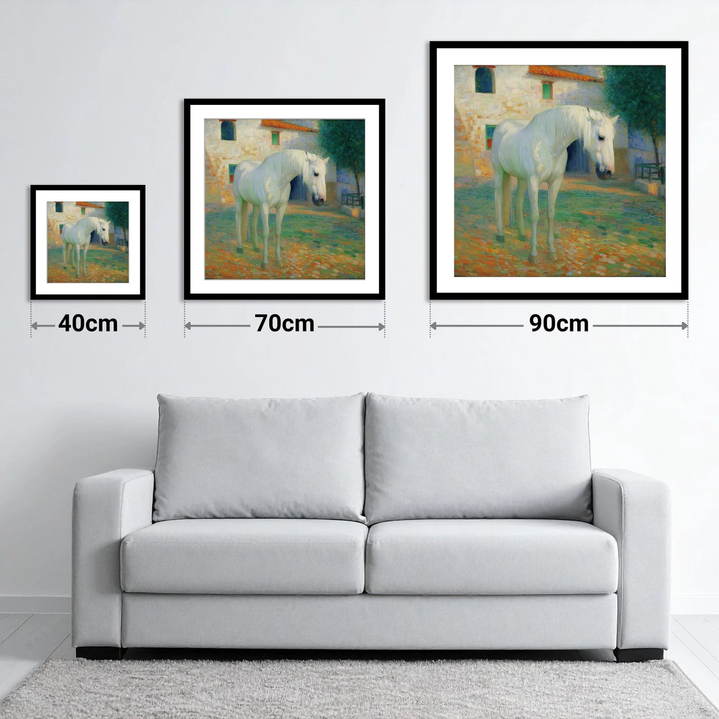 Sunlit Courtyard Grey - size guide showing 40cm, 70cm and 90cm art prints