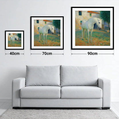 Sunlit Courtyard Grey - size guide showing 40cm, 70cm and 90cm art prints