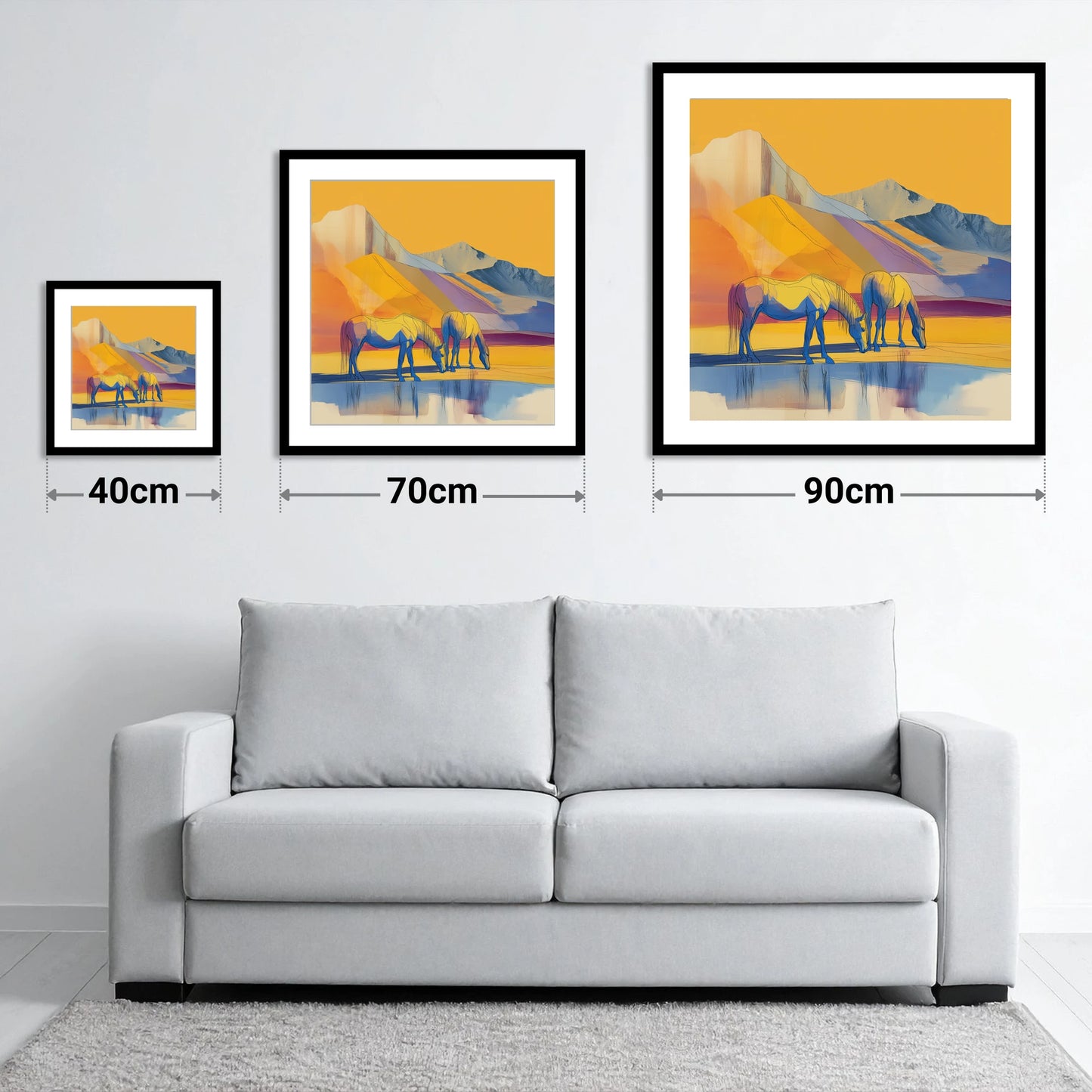 Golden Mountain Pasture - size guide showing 40cm, 70cm and 90cm art prints