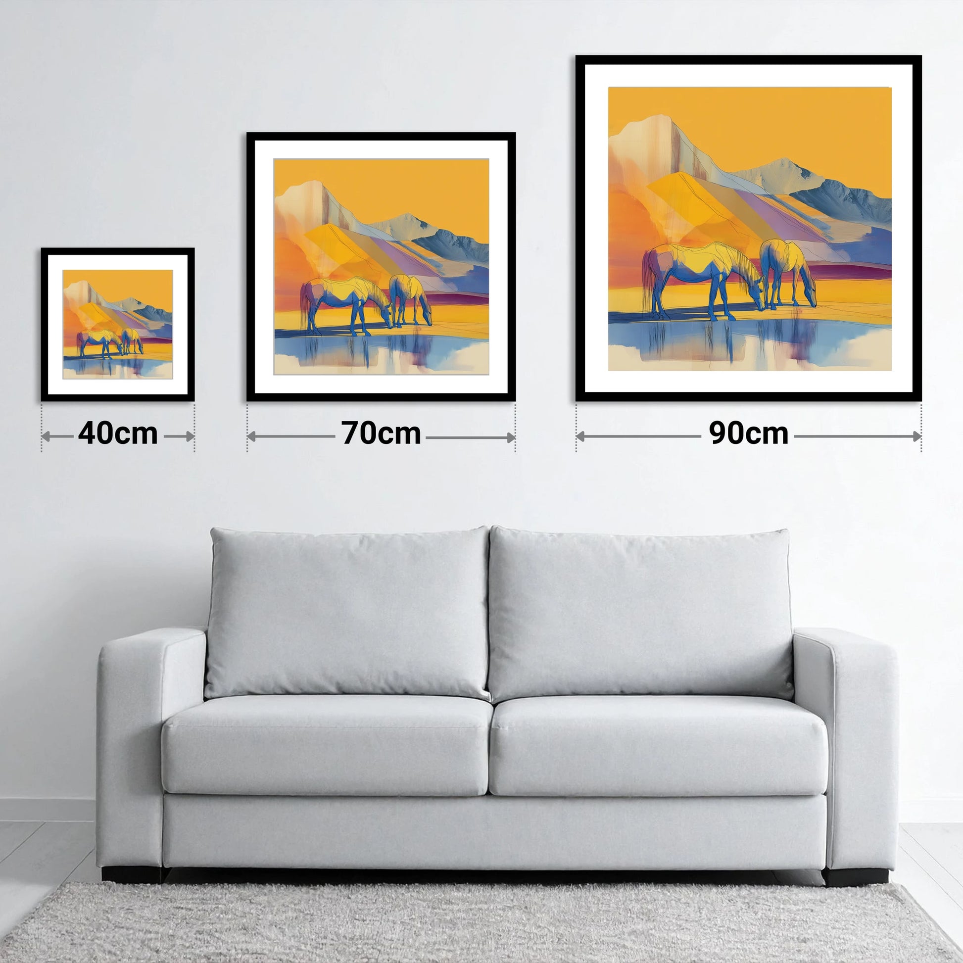 Golden Mountain Pasture - size guide showing 40cm, 70cm and 90cm art prints