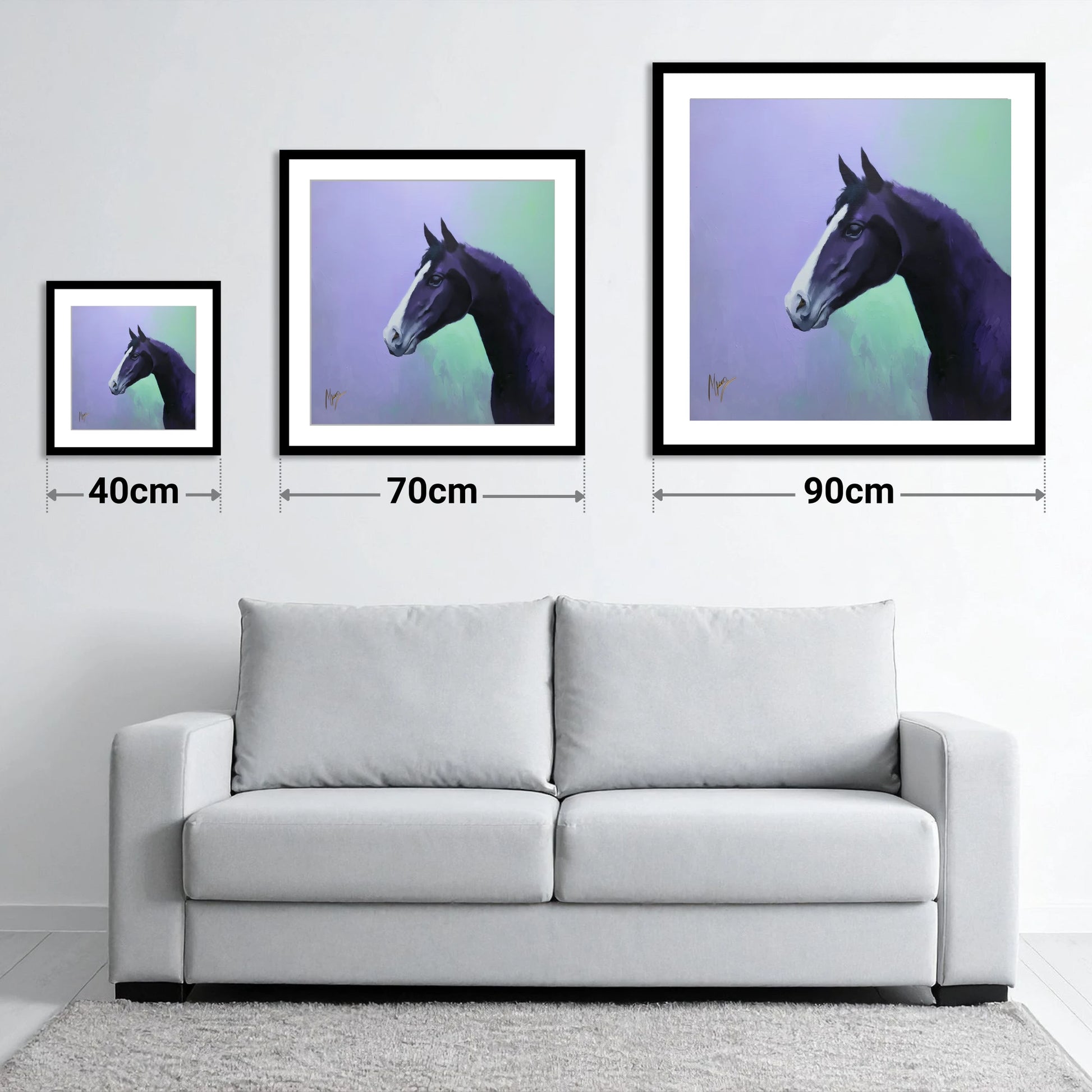 Amethyst Equine Profile - size guide showing 40cm, 70cm and 90cm art prints