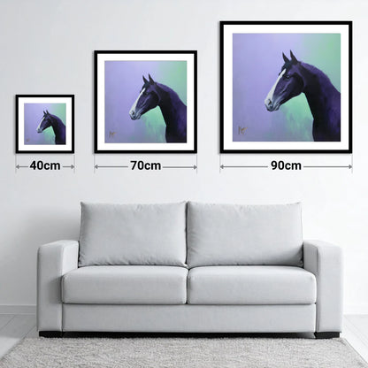 Amethyst Equine Profile - size guide showing 40cm, 70cm and 90cm art prints