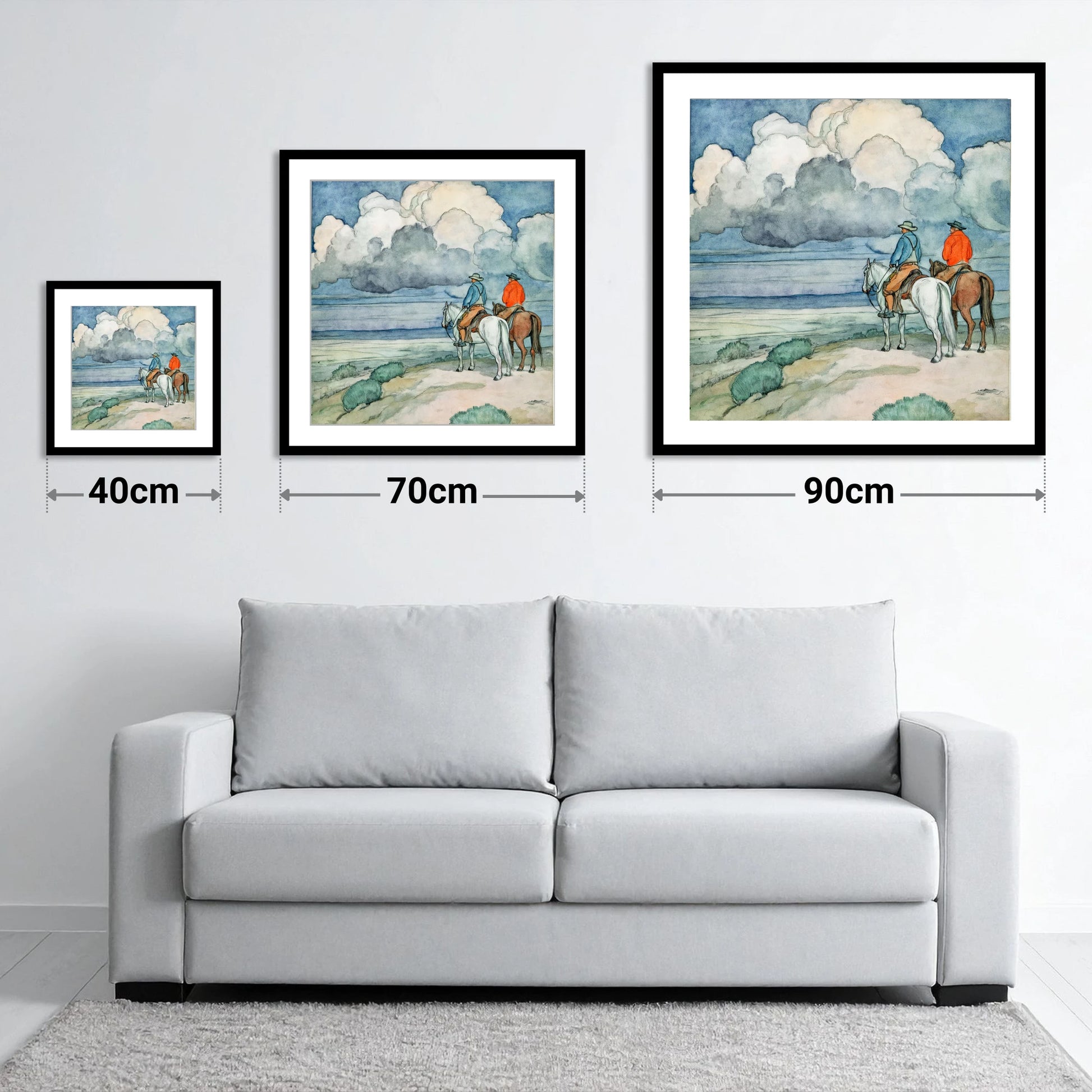 The Gathering Storm - size guide showing 40cm, 70cm and 90cm art prints