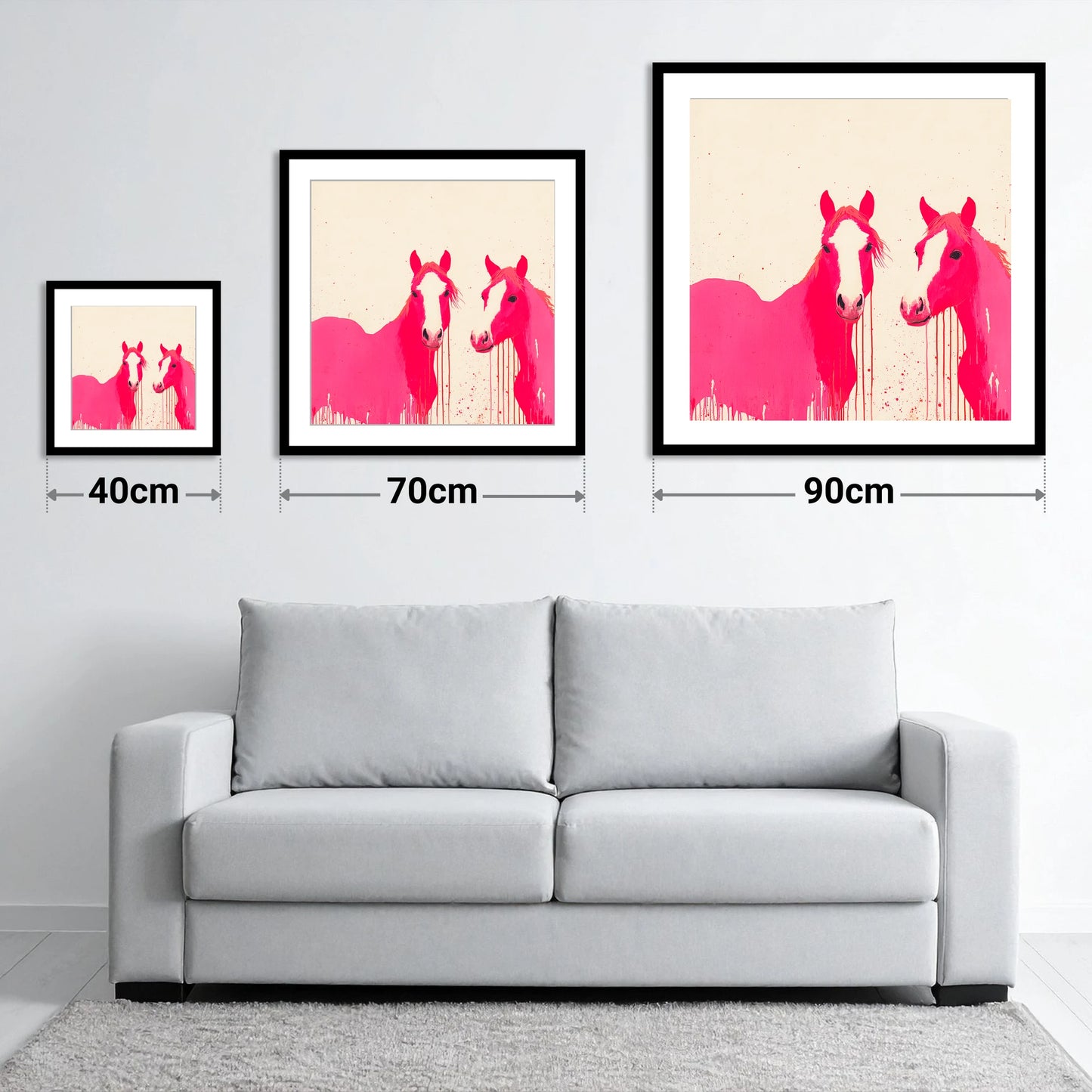 Vivid Pink Companions - size guide showing 40cm, 70cm and 90cm art prints