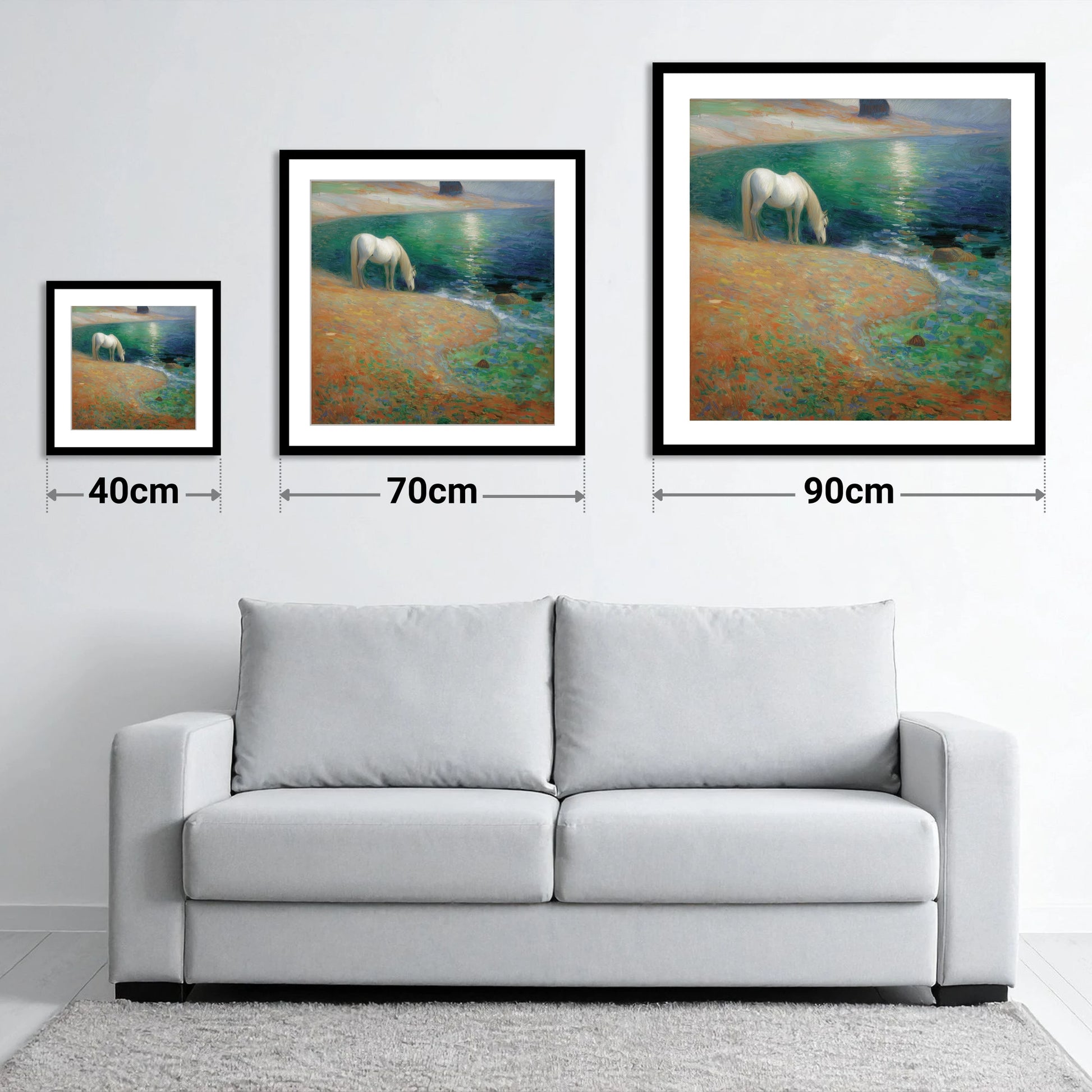 Luminous Coastal Shoreline - size guide showing 40cm, 70cm and 90cm art prints
