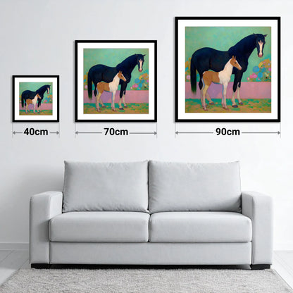 Midnight Dream Mare and Foal - size guide showing 40cm, 70cm and 90cm art prints