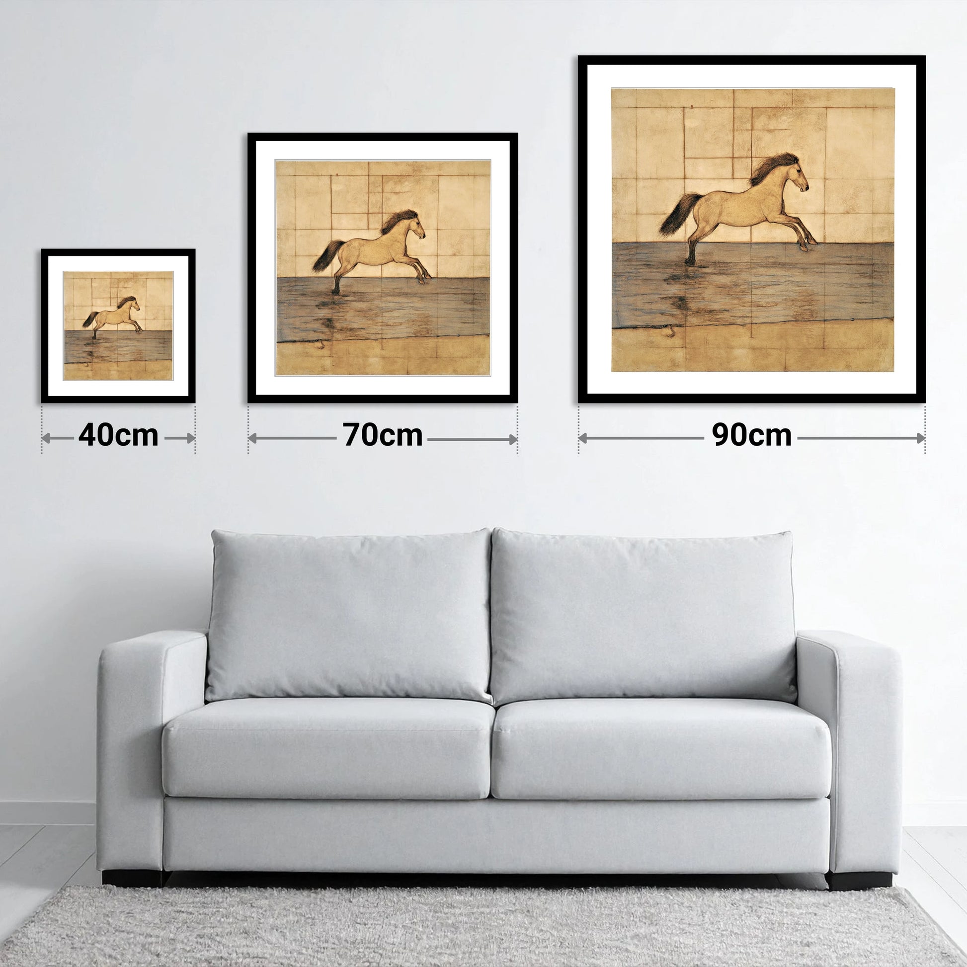 Classical Canter Study - size guide showing 40cm, 70cm and 90cm art prints