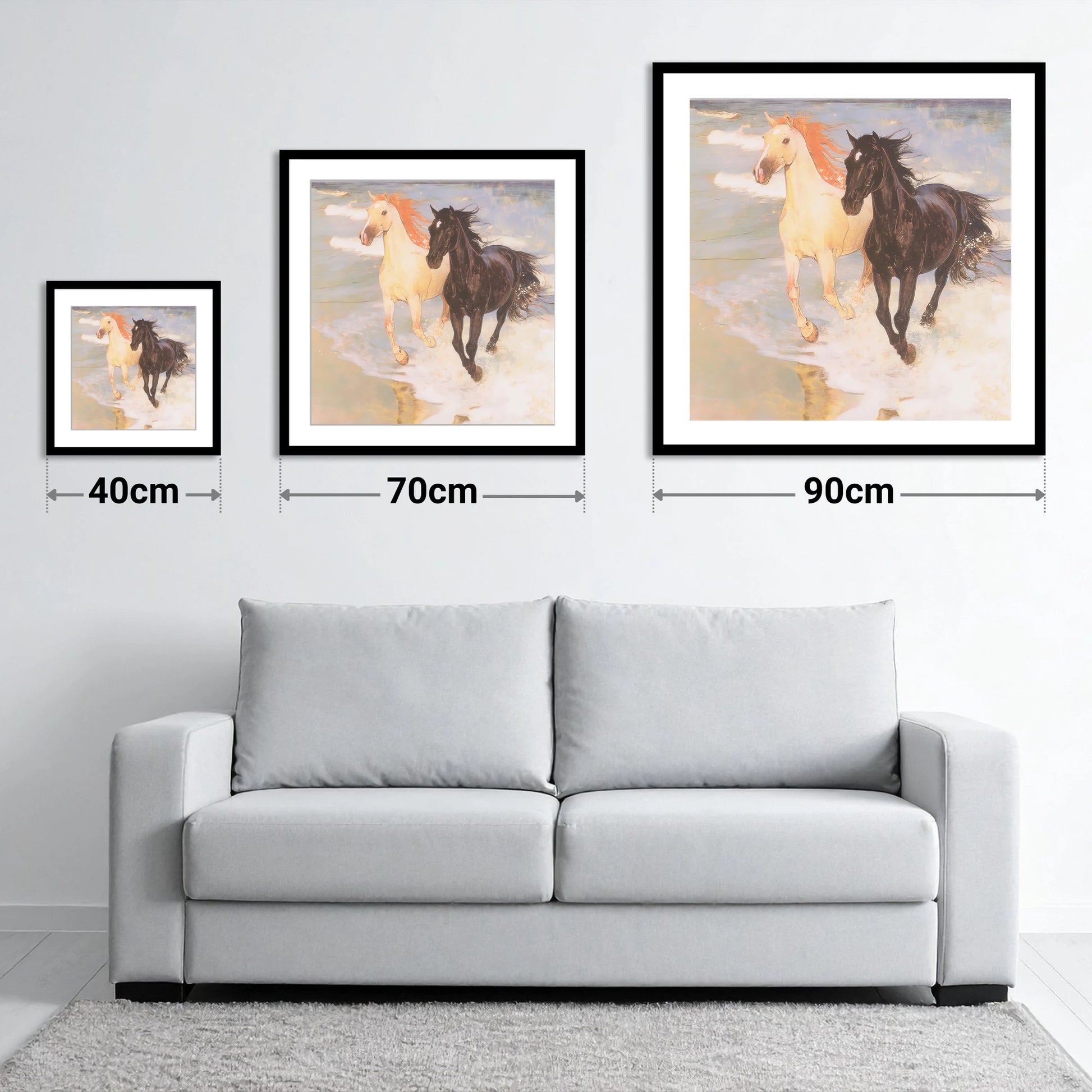 Ethereal Tide Gallop - size guide showing 40cm, 70cm and 90cm art prints