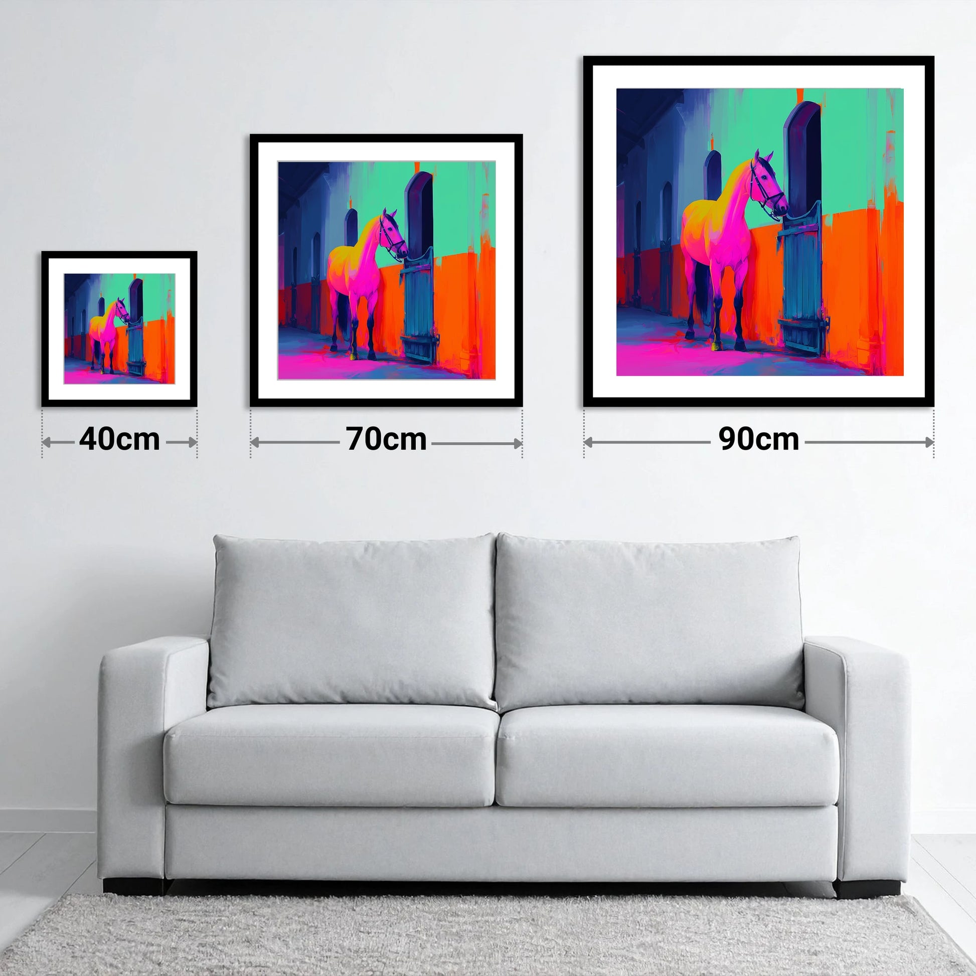 Neon Stable Companion - size guide showing 40cm, 70cm and 90cm art prints